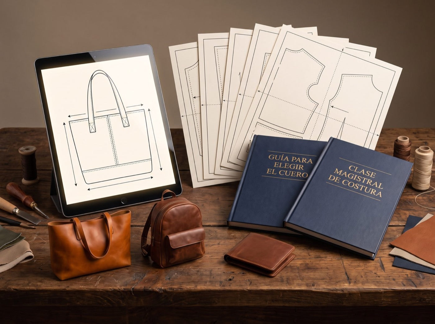 La colección Planos de Cuero: moldes impresos, una tablet y bolsos de cuero terminados