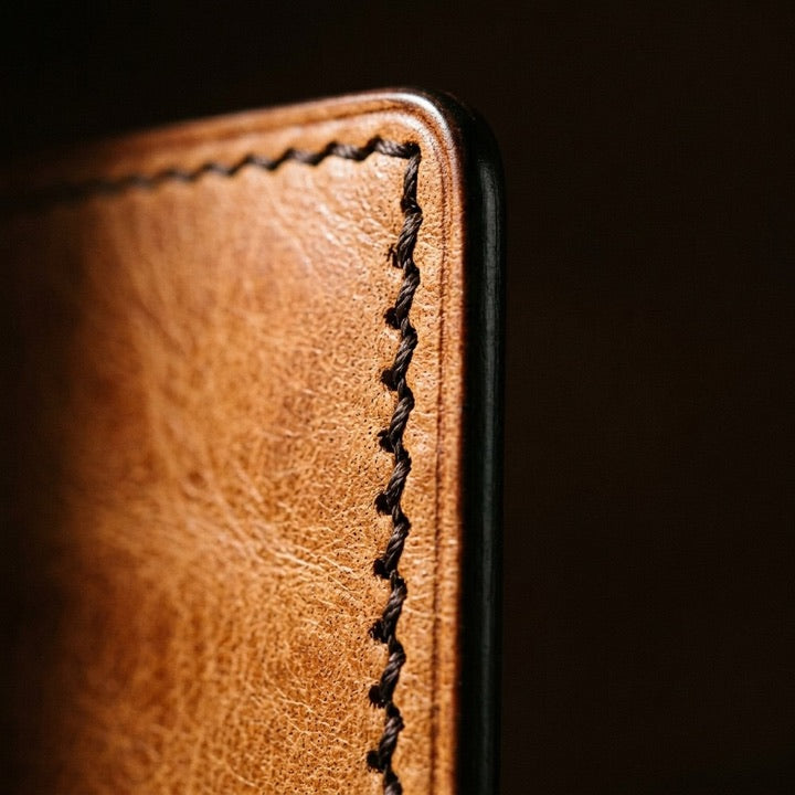 Detalle de costura de una billetera de cuero